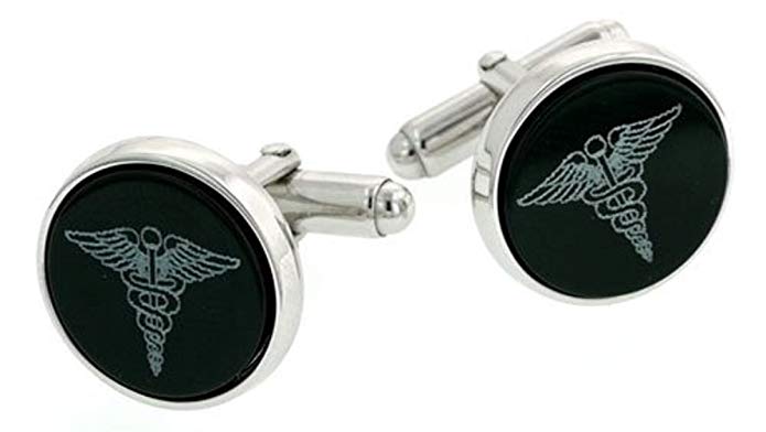 JJ Weston Sterling Silver Onyx Etched Caduceus Doctor Cufflinks. Made in the USA.