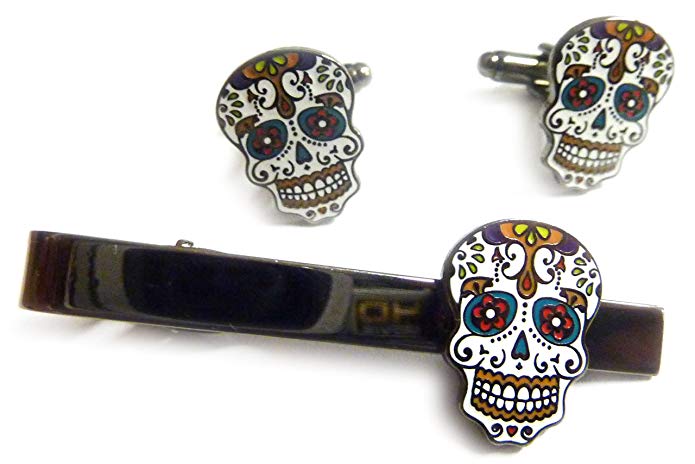 Day of the Dead Dia De Los Muertos Skull Mask TIE BAR CLIP CUFFLINKS SET