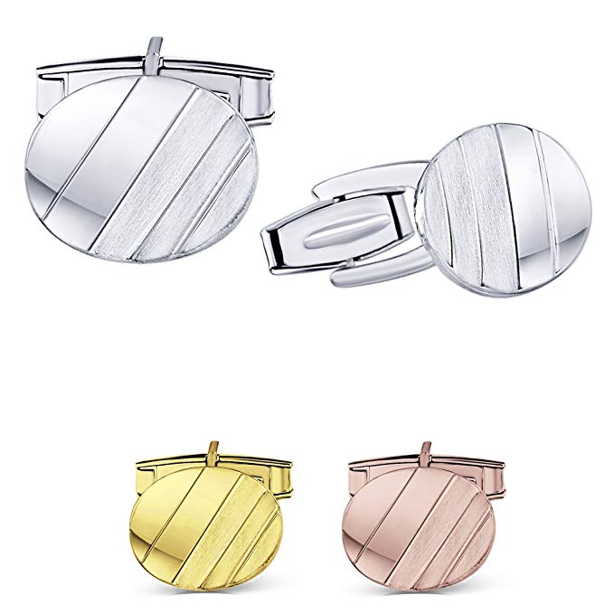 Men's Sterling Silver .925 Oval Striped Design Cufflinks with Satin Finish. Made In Italy. By Sterling Manufacturers